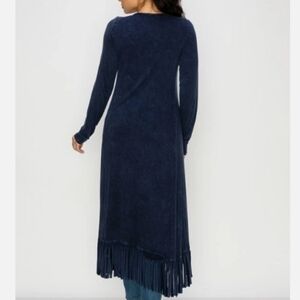Long,Cowgirl Cardigan  Fringe Western Royal Blue Mineral Wash Kimono Long Slv.